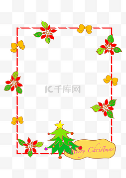 圣诞绿叶红花图片_黄色蝴蝶结圣诞框