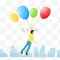 空飘图片_拉着气球飞升的男人