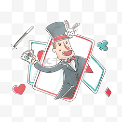 卡通魔术魔术帽图片_卡通手绘扑克牌魔术师矢量素材