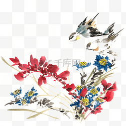 手绘鲜艳花卉图片_花卉与燕子水墨画PNG免抠素材