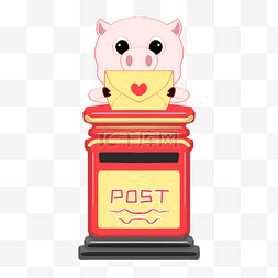 新年红色的邮筒和小猪