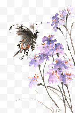 紫色花与蝴蝶水墨画PNG免抠素材