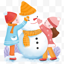 冬天可爱雪人图片_手绘好朋友堆雪人卡通场景