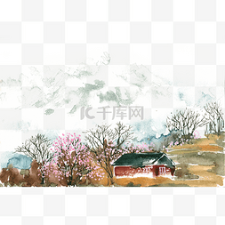桃花的图片_山谷里的春天水彩画PNG免抠素材