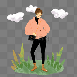 开心白云图片_暖色站在草地上的粉色女孩