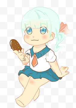 卡通日系动漫可爱图片_吃着冰淇淋的少女