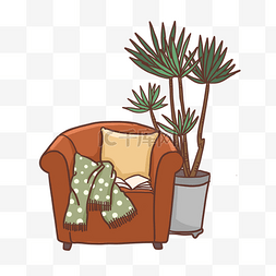免抠家图片_复古色系橘色沙发和植物PNG免抠素