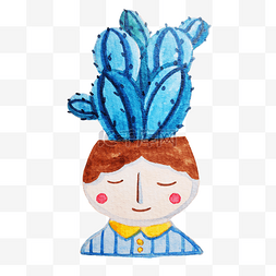 蓝色男孩头上的花盆手绘