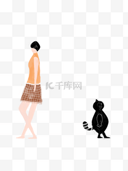 女生猫插画图片_背对背的猫咪和女生psd插画