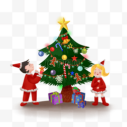 手绘卡通圣诞节圣诞树和小孩