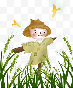 手绘飞翔鸟图片_免抠卡通手绘麦子里的稻草人