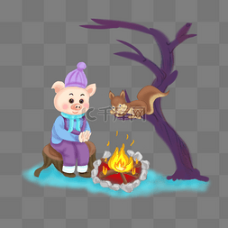 卡通手绘小猪和树上的小松鼠烤火