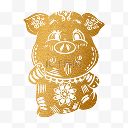 猪剪纸金色图片_2019新年手绘剪纸猪