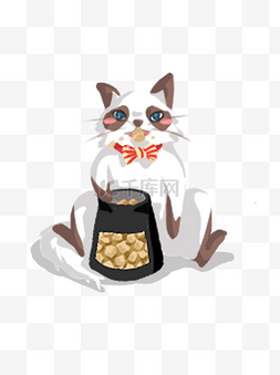 猫咪坐着图片_坐着吃零食的手绘卡通可爱布偶猫