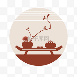 中国风主题茶具与花的剪影