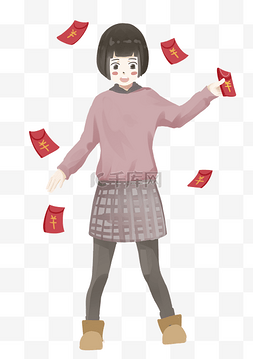 新年收红包女孩插画