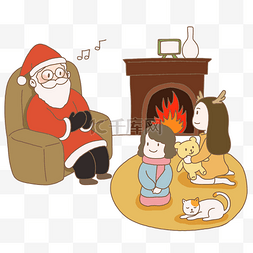 圣诞节手绘插画圣诞老人在壁炉前