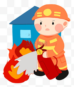 火灾卡通手绘图片_手绘消防员灭火插画