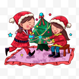 圣诞靴子图片_手绘圣诞节小伙伴在圣诞树旁送礼