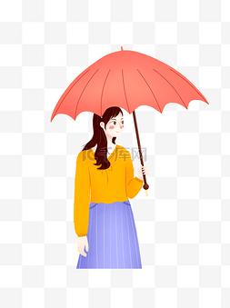 送别长亭图片_手绘卡通撑着红雨伞的长发美女元