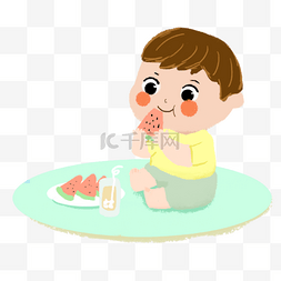 夏季水果海报图片_夏天清凉一夏之吃西瓜的小孩插画