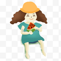 手绘吃西瓜的人图片_小女孩坐在地上吃西瓜免抠图