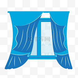 蓝色的帘子图片_蓝色窗帘城市窗户创意装饰元素