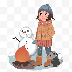 手绘漂亮小女孩图片_取暖人物和雪人插画