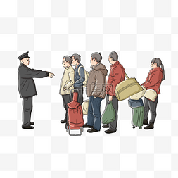 背着行李的人图片_卡通手绘春运排队等候上车的人