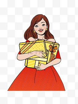 波普风图片_手绘波普风抱着一堆礼物的女生可