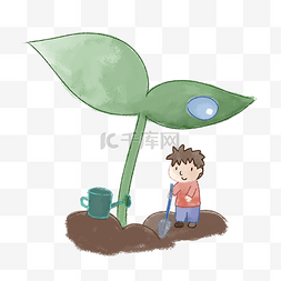 蓝色水滴人图片_植树节人物和植物插画