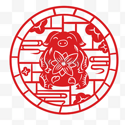 手绘中国风小猪图片_卡通手绘新年猪年窗花小猪