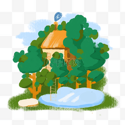一个小湖图片_森林小木屋绿色系卡通手绘风格装