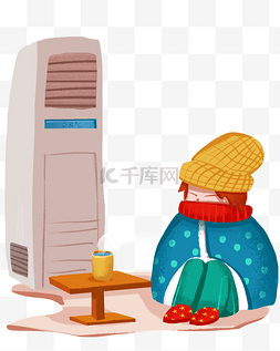 冬季取暖的小男孩和空调