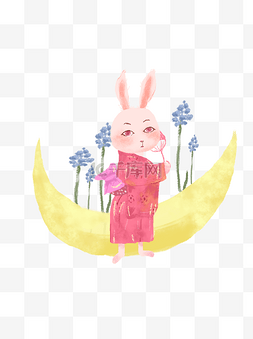七夕粉色兔子月兔插画可商用元素