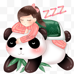 卡通小男孩睡觉图片_趴在熊猫睡觉的小女孩