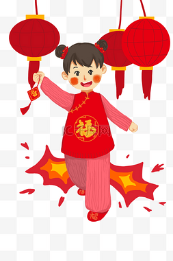 新年中国红图片_手绘过大年手拿福字女孩插画