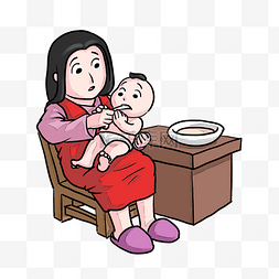 手绘吃饭的母婴插画