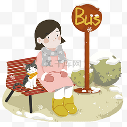 巴士站牌图片_冬天女孩等公共汽车图