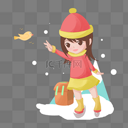 雪地小女孩图片_手绘冬季旅游滑冰小女孩人物插画