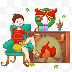 圣诞节小男孩坐在炉子边插画