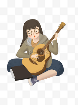弹吉他女孩卡通图片_弹吉他女孩图案元素设计