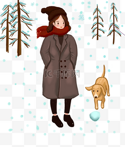 冬季冬天节气冬装卡通散步小美女