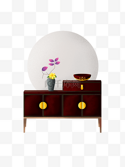 美境禅意图片_禅意手绘矮柜插花和小碗植物可商