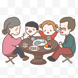 团圆吃饭插画图片_元旦一家四口团聚吃饭的美好场景