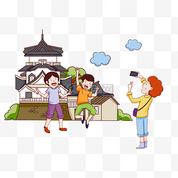 旅游人插画图片_手绘大阪旅游拍照插画