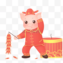 新年小猪鞭炮图片_手绘猪年红色卡通可爱小猪