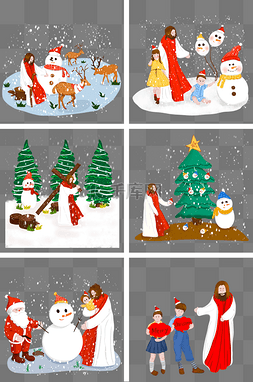 插画圣诞快乐图片_圣诞节耶稣雪人场景插画