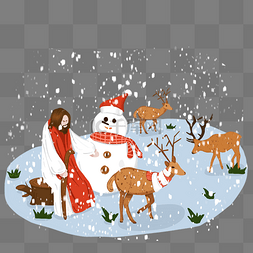 雪人鹿图片_圣诞节耶稣雪人场景插画