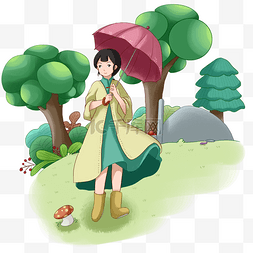 雨伞的装饰图片_清明节撑红色雨伞的女孩插画